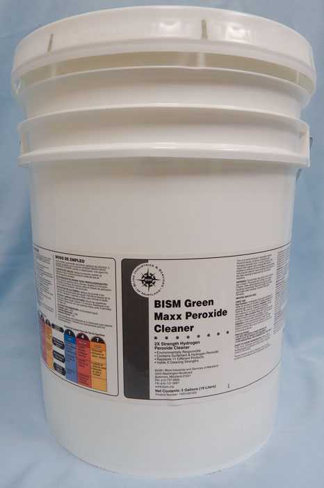 white bucket with white lid, white label with grey stripe - BISM Green Maxx Peroxide Cleaner